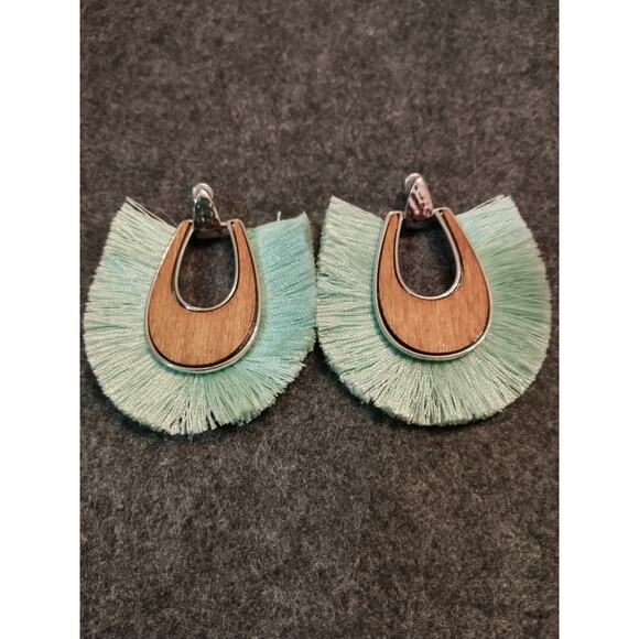 Turquoise Tassel Earring in Silver Tone with Wood Accent Post Backs - Picture 2 of 7